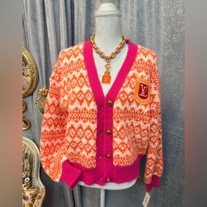 SOLD on ebay- Pink and Orange Women's Sweater with LV necklace